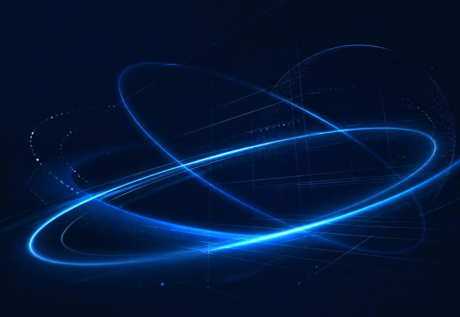 Abstract orbital light trails over a deep navy grid
